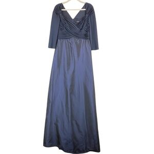 Tadashi Shoji Navy Blue Silk Taffeta Gown Maxi Cocktail Pleated Bodice Sz 10